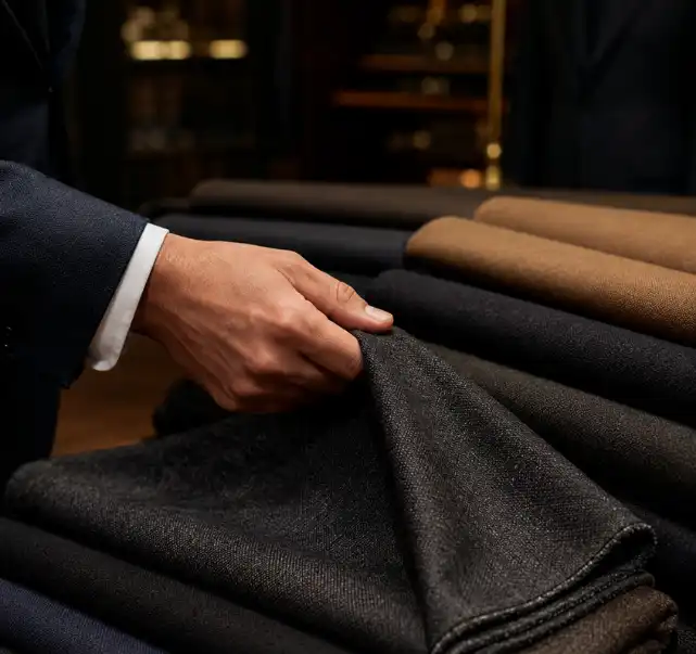 Premium dark suit fabrics arranged for selection